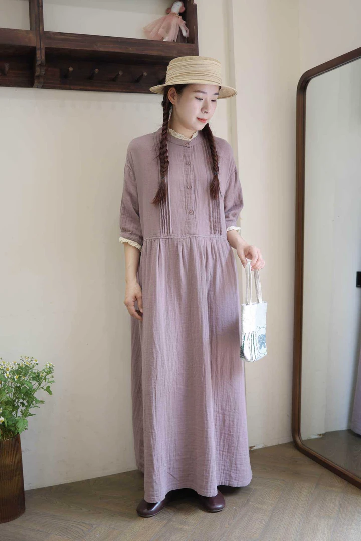 水溶蕾丝拼接撞色双面砂百搭显瘦风琴折连衣裙女MZS 91977