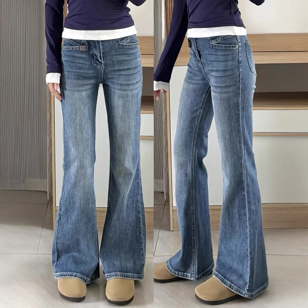 复古蓝不贴腿微喇牛仔裤女春季新款大码胖妹妹高腰弹力显瘦马蹄裤