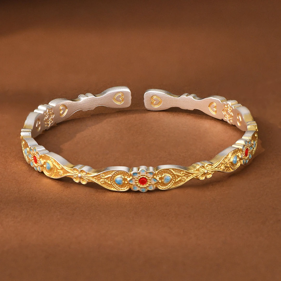 足银手镯 月满弦足银9999古法描金珐琅彩太阳花轻奢宫廷风手镯女