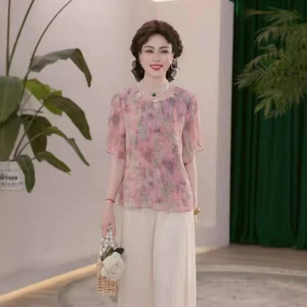 中老年妈妈夏季时尚洋气新国风碎花雪纺休闲上衣套装宽松小衫圆领