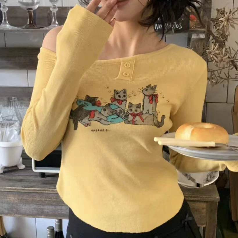 【李十一LISHIYI】甜美猫咪卡通印花斜肩针织衫#  026