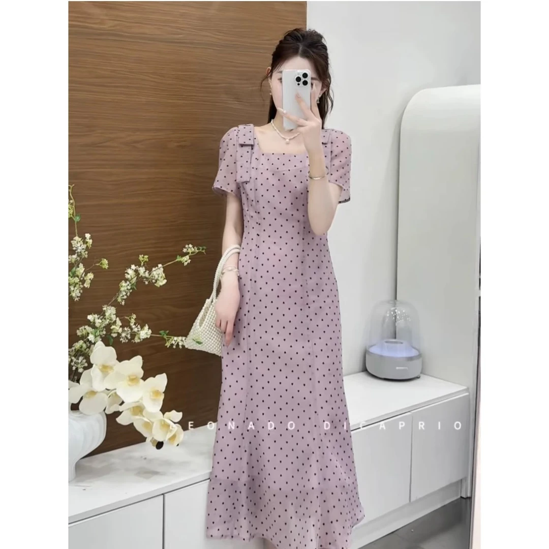 法式气质连衣裙女2025夏装方领显瘦减龄收腰波点爱心设计感碎花潮