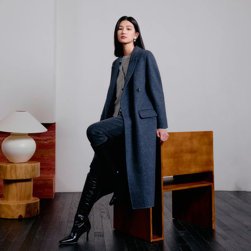 【专柜同款】时尚长大衣深灰色宽松加厚冬季羊毛混纺双排扣大衣