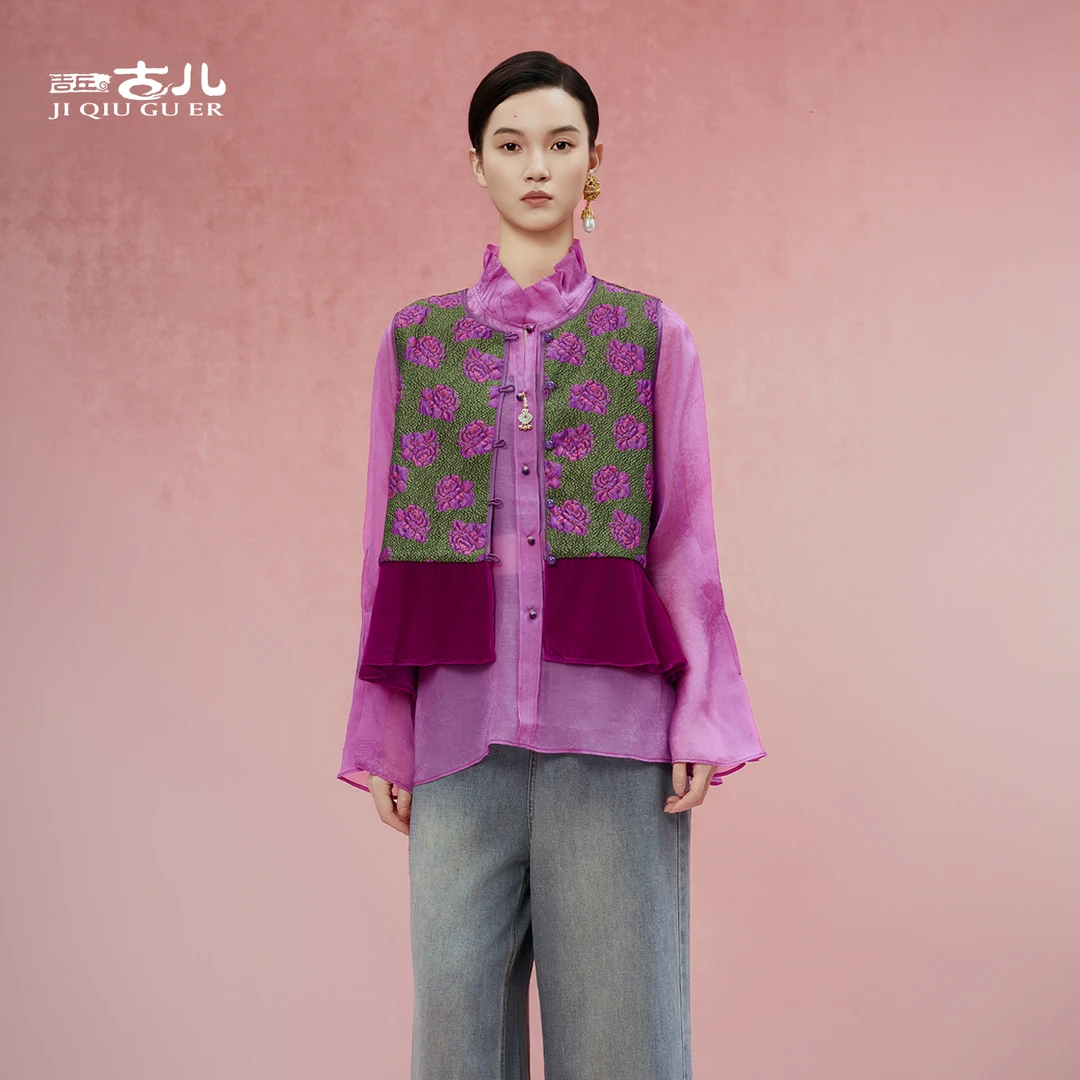 吉丘古儿瑰茵国风新中式马甲撞色提花气质温婉气场女装G253Y034