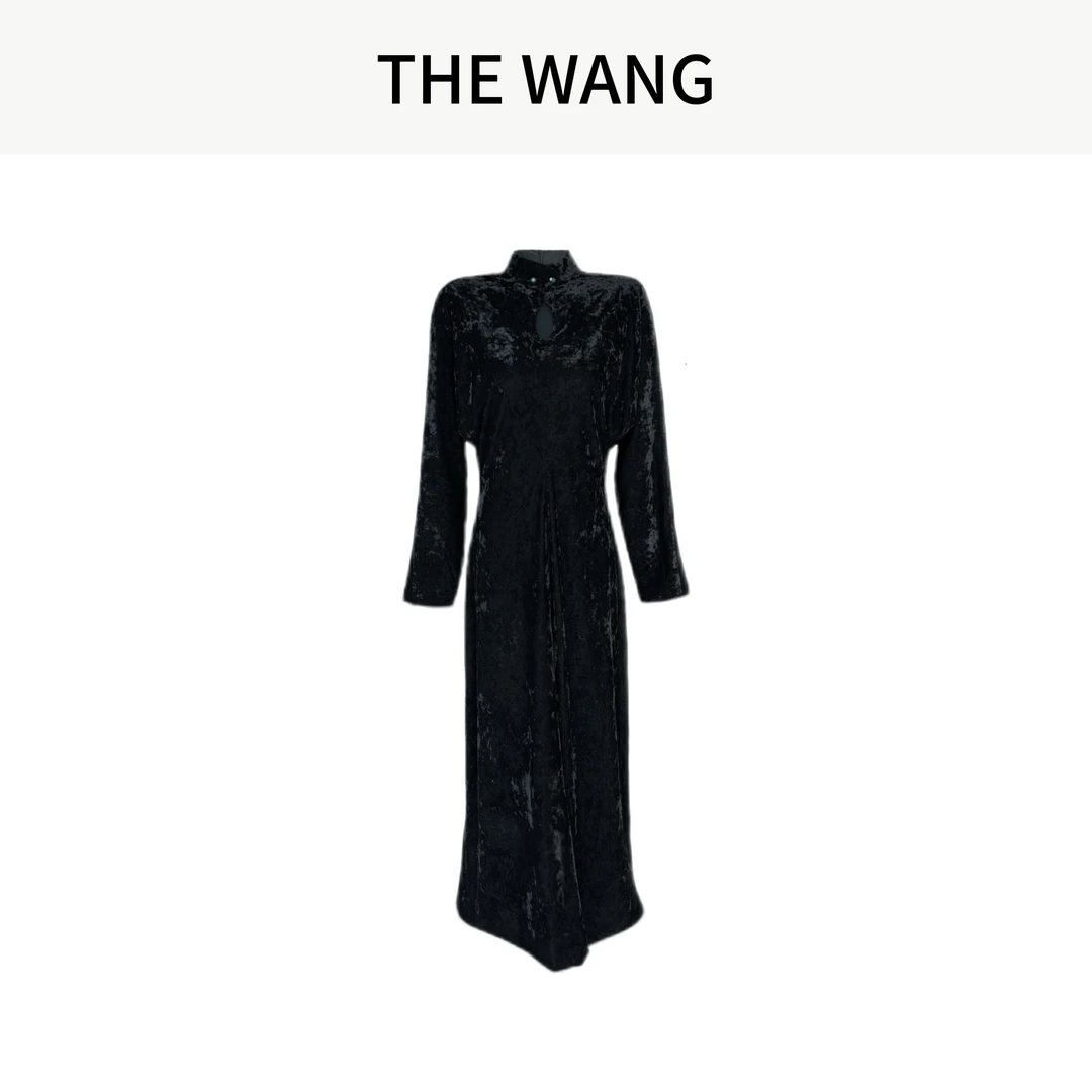THE WANG 半山听雨 收腰显瘦新中式国风丝绒长裙