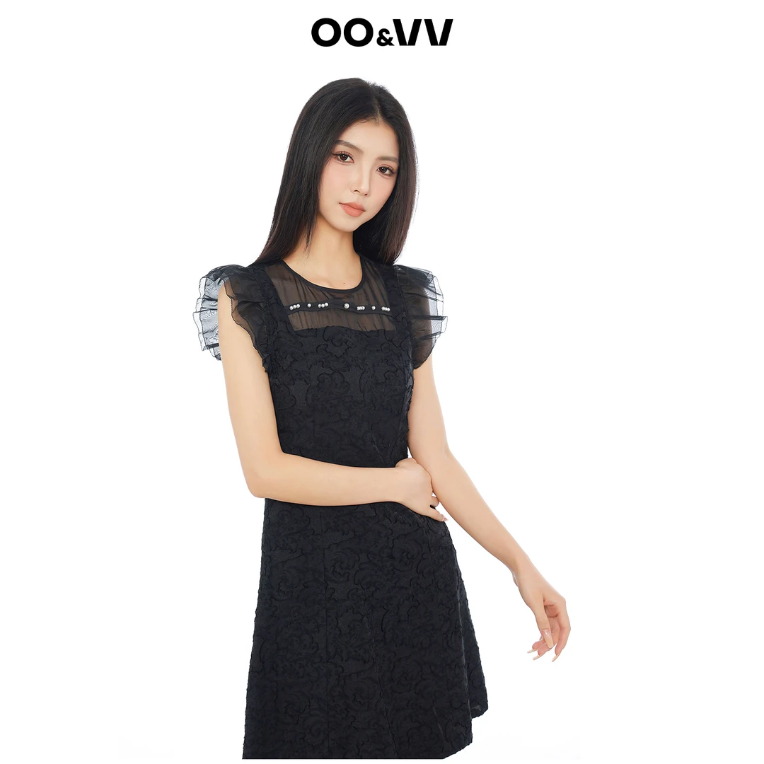 OO&VV黑色蕾丝钩花连衣裙女2025夏新时尚小个子气质收腰A字裙