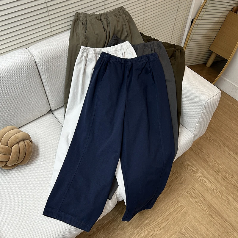 秋冬内里磨毛抓绒休闲阔腿裤女松紧腰日系宽松显瘦弯刀裤直筒长裤