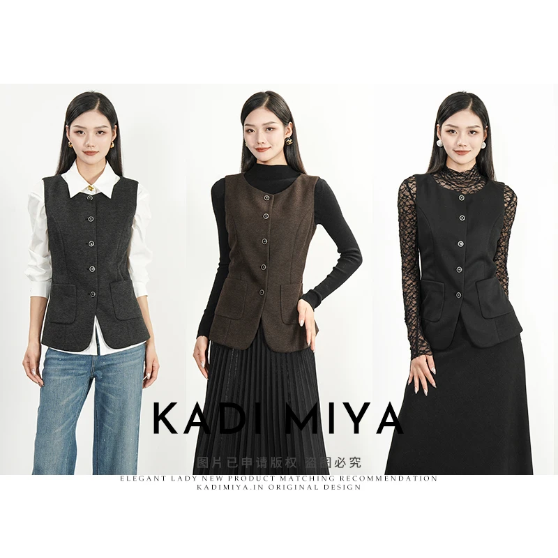 KADIMIYA【爱尔兰】法式高奢醋纤羊毛修身圆领灰色叠穿优雅百搭马甲