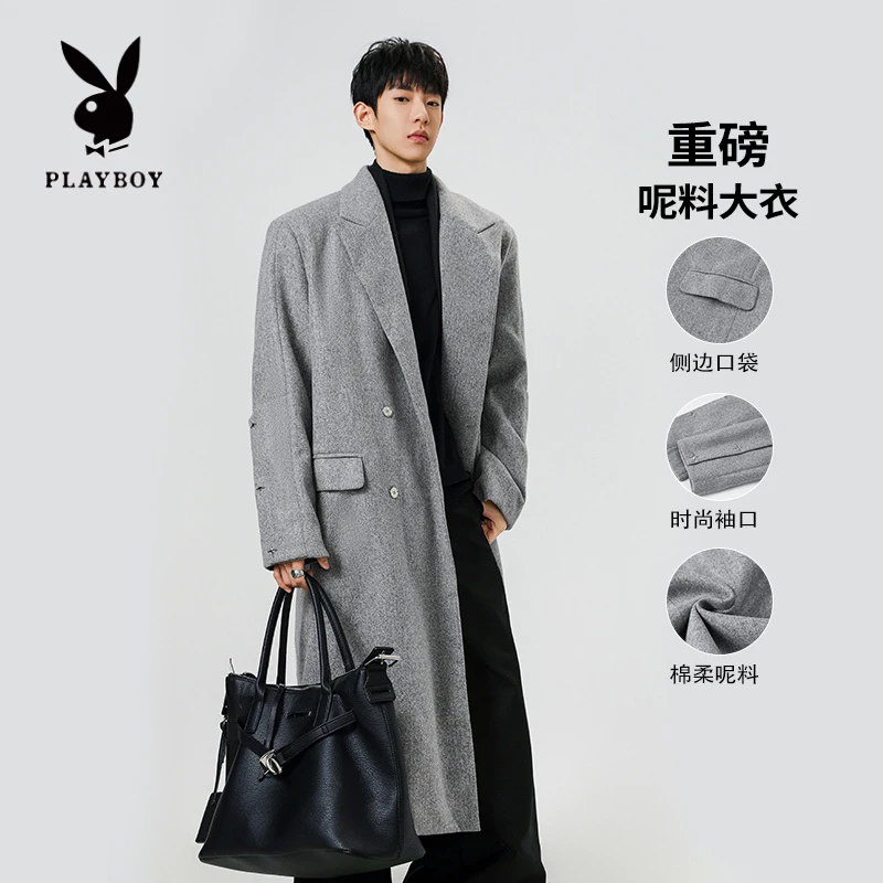 花花公子美式西装领双排扣毛呢大衣男款春秋季中长款过膝披风外套