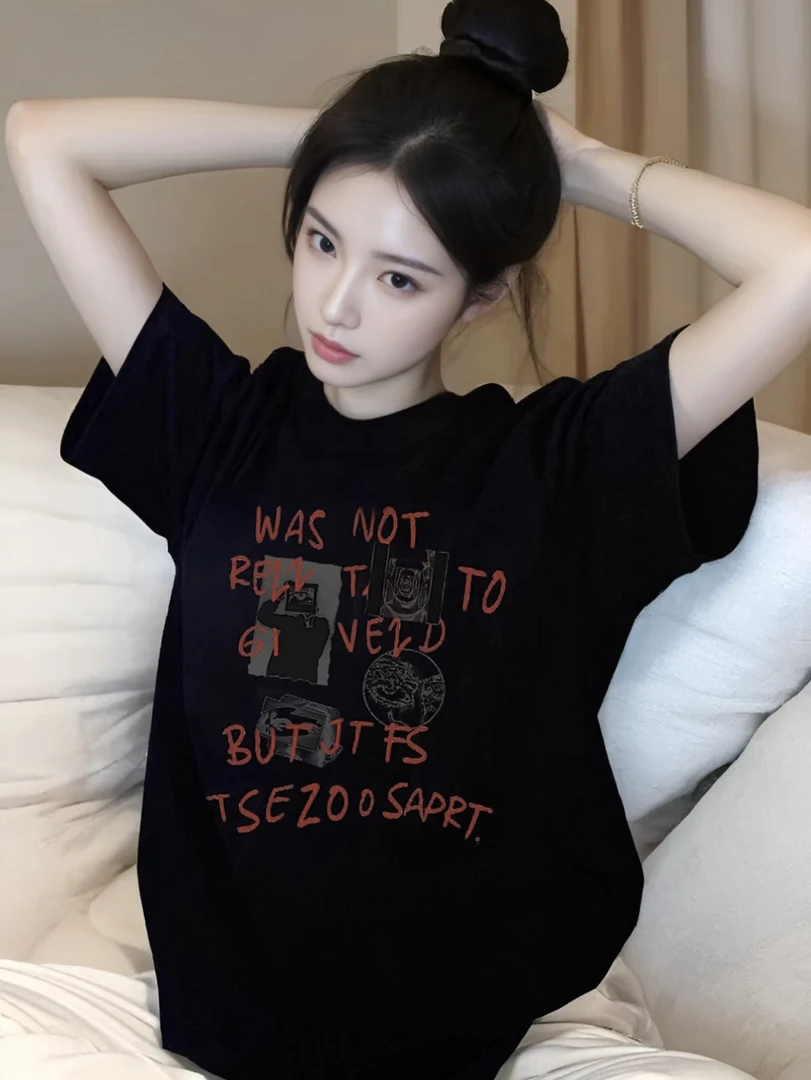 美式高街复古设计感重磅纯棉字母印花短袖t恤女夏季潮流圆领半袖