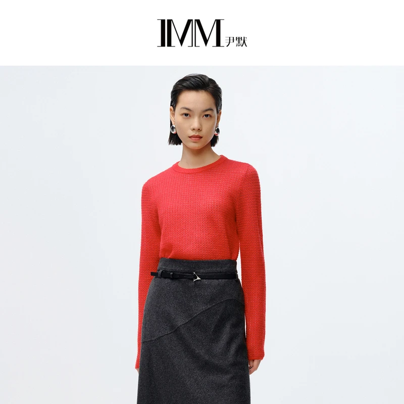 IMM尹默女装2024春季圆领长袖华夫格毛衫新春高级剪裁毛衫针织衫