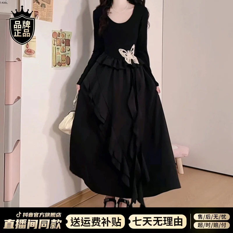 法式高级感V领长袖连衣裙女2025早秋季新款不规则设计蝴蝶长裙子