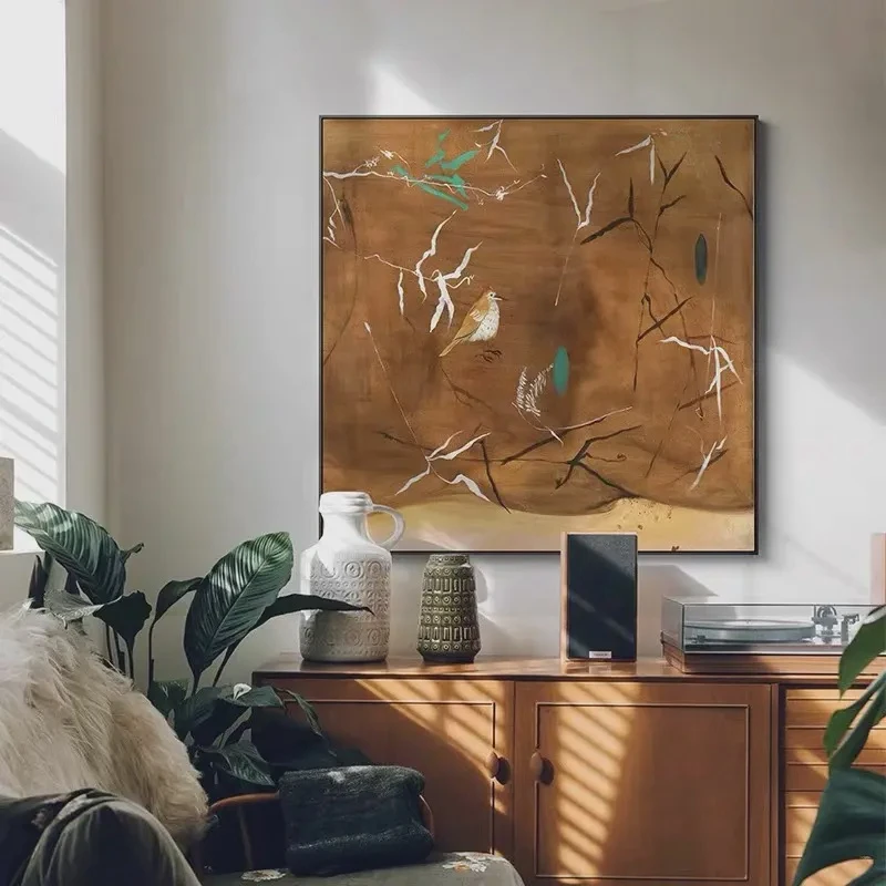 美拉德复古花鸟客厅装饰画卧室方型壁画高级感玄关挂画砂岩画