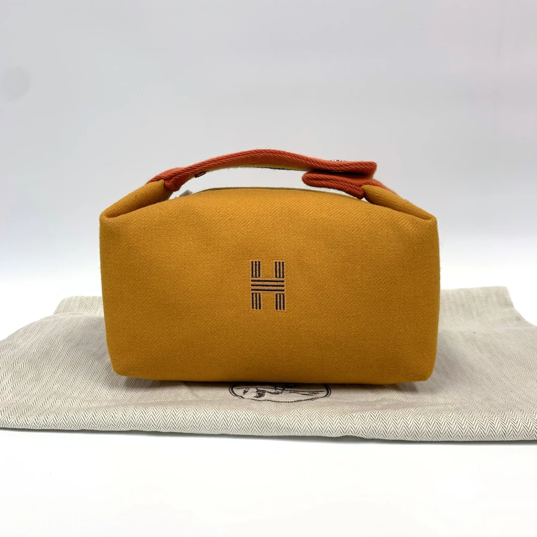 99新 Hermes/爱马仕 赭石色 小号Bride-a-Brac棉布面旅 手提包
