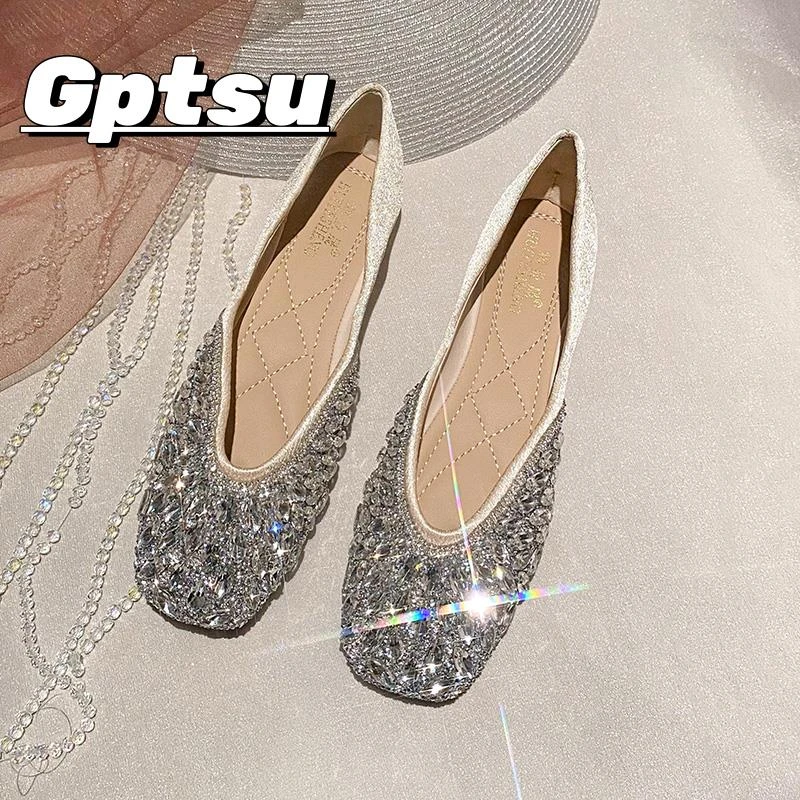 GPTSu韩版水钻方头平底单鞋女春夏浅口百搭仙女风一脚蹬豆豆瓢鞋