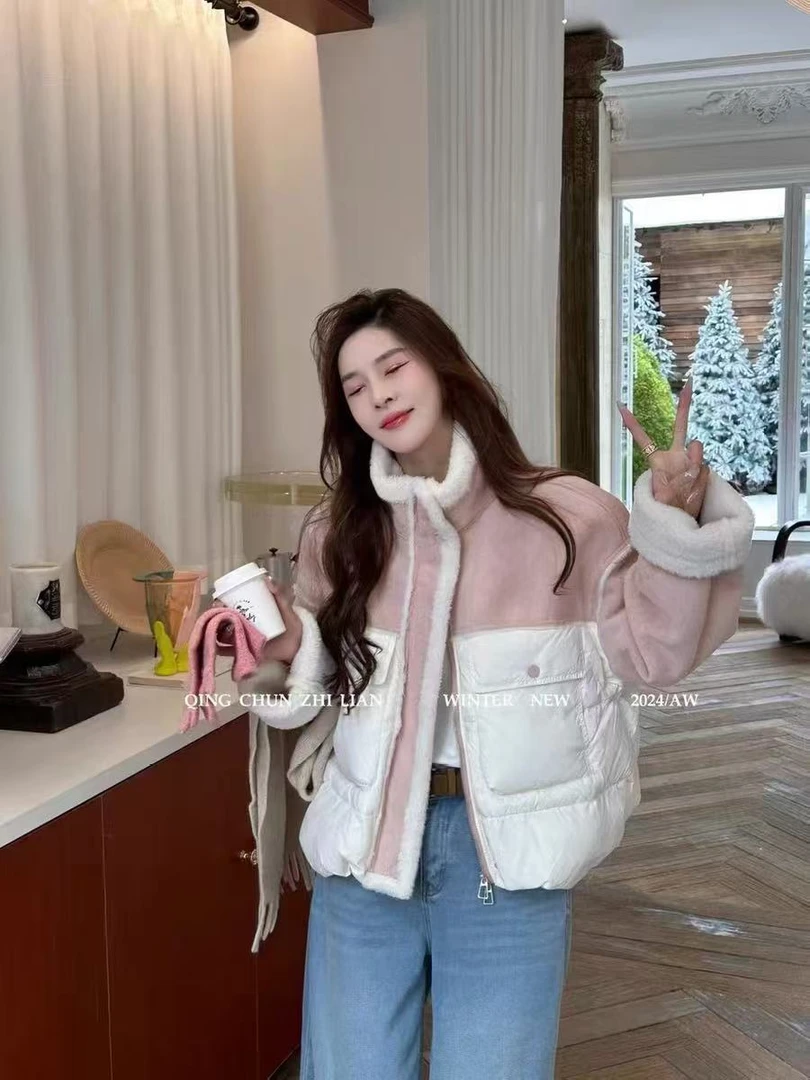 欧货拼接皮毛一体拼接羽羽内胆女冬季短款外套立领面包服潮