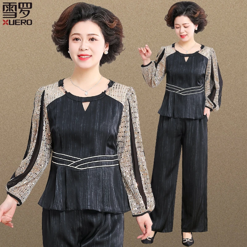 中年妈妈春装套装2025新款洋气减龄上衣中老年女春秋气质缎面小衫