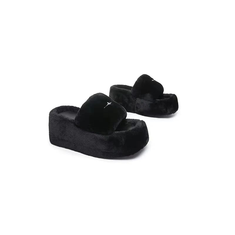 拖鞋女外穿2024年秋季新款厚底百搭真皮羊羔毛增高皮毛一体毛毛鞋