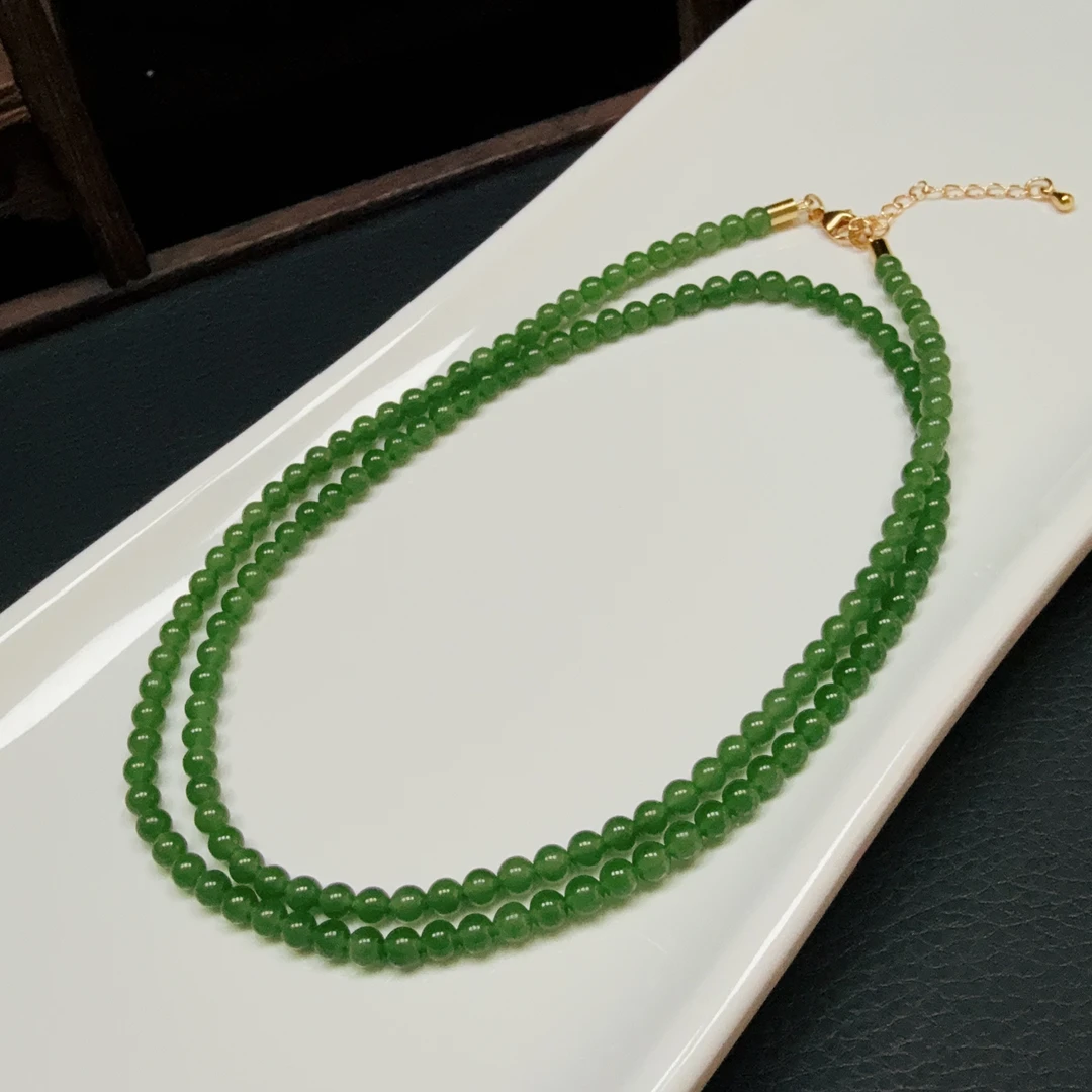 【伟伟鉴定】和田玉碧玉 冰底 圆珠小米链项链 4mm 精品