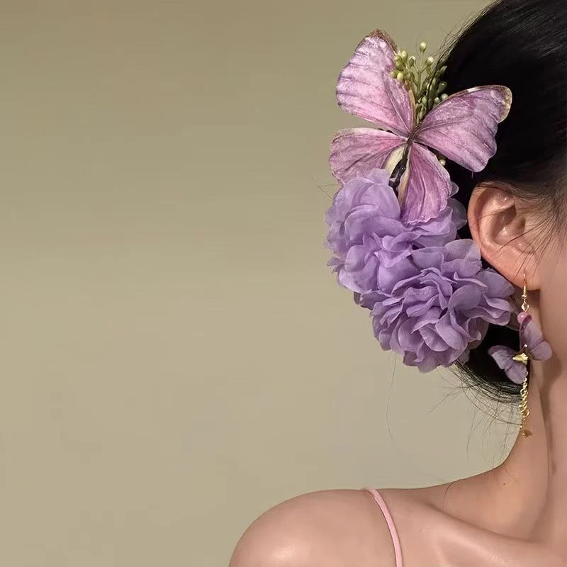 【花间蝶影】超仙唯美气质花朵发夹紫色蝴蝶侧边夹发卡侧边夹头花