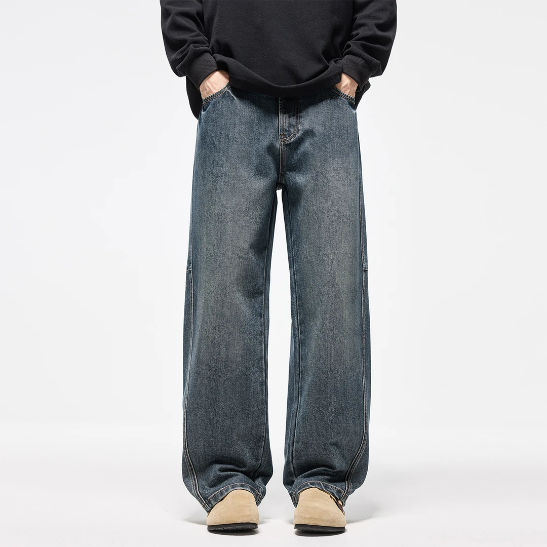 2025秋季新款美式复古弯刀牛仔裤男 潮牌宽松百搭直筒阔腿长裤