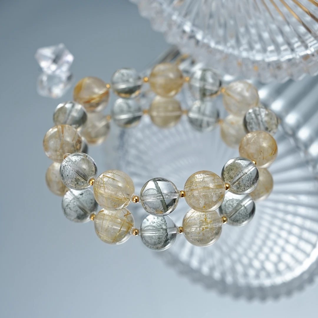 【大赢家】18k金绿幽灵金钛晶强强联手天然水晶手串