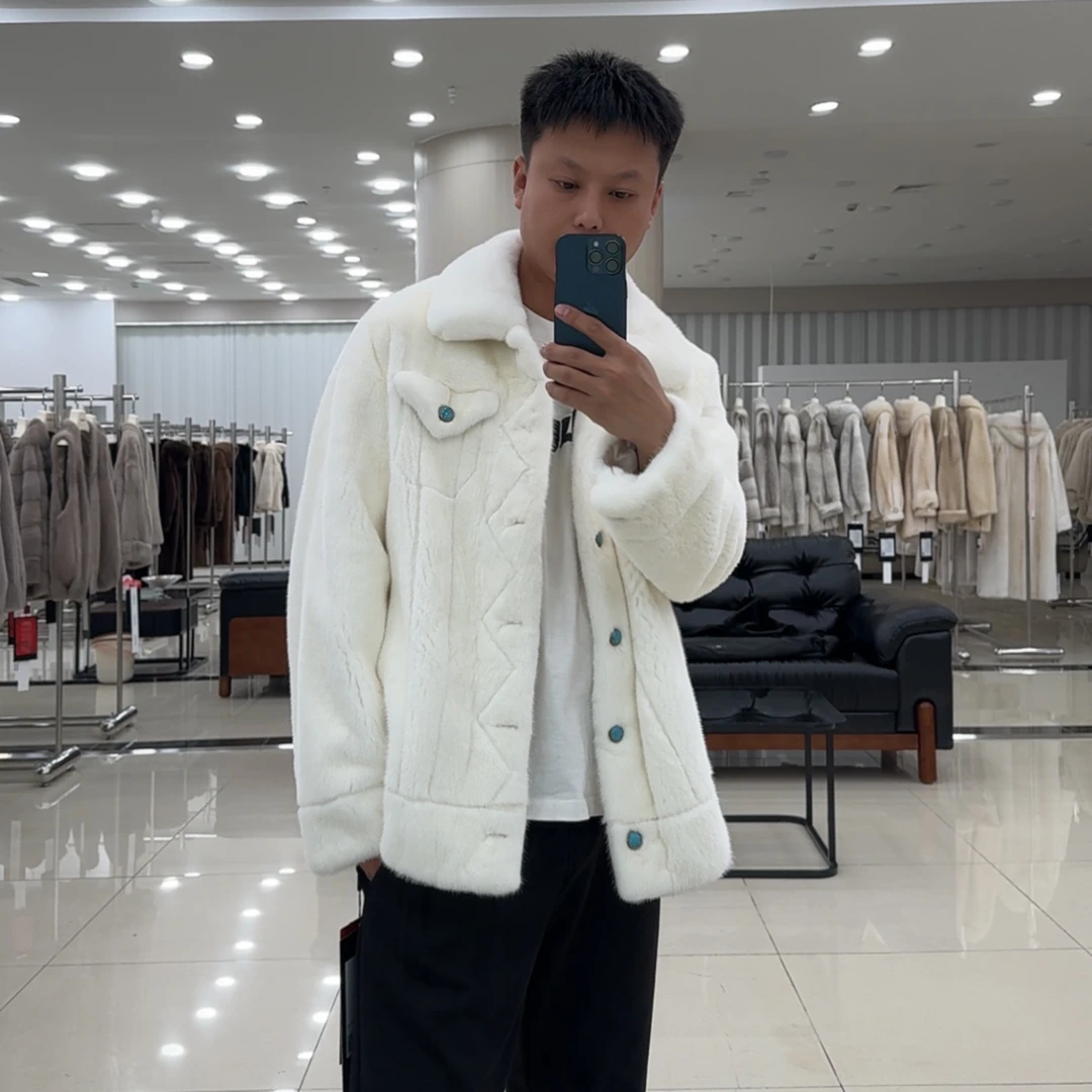 2025貂皮大衣男款休闲外套白色绿松石（全挖销）