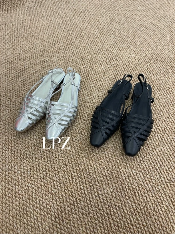 【LPZ】:8201-13新款法式方头镂空细带包头真皮粗跟女夏季凉鞋