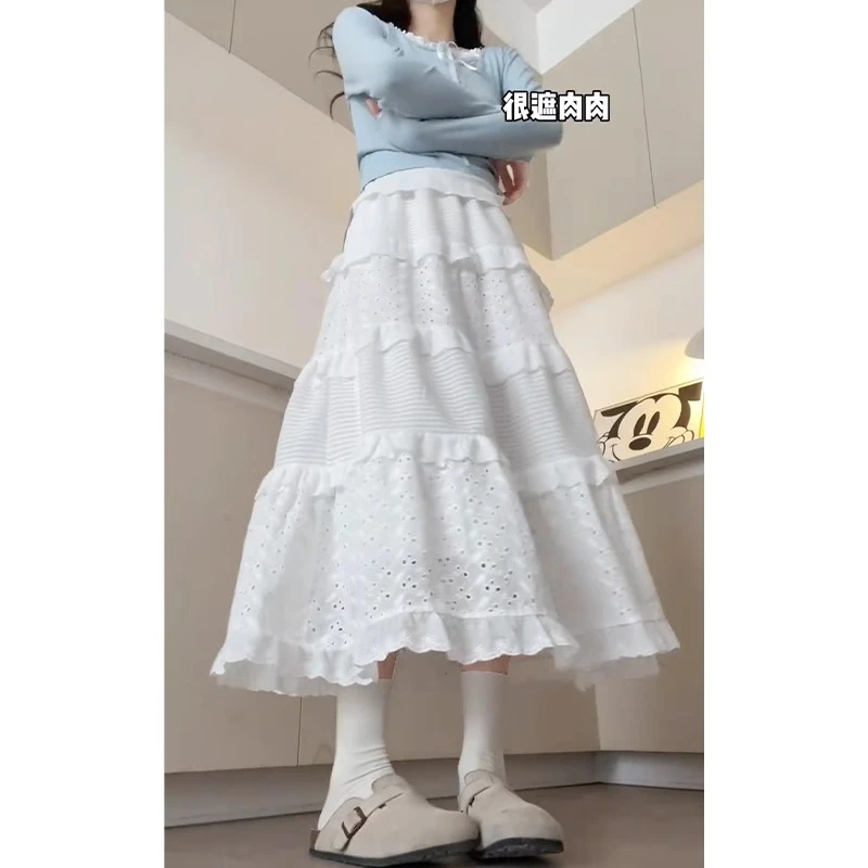 白色蛋糕裙女春夏季2025新款高腰中长款a字半身裙纯欲蕾丝蓬蓬裙