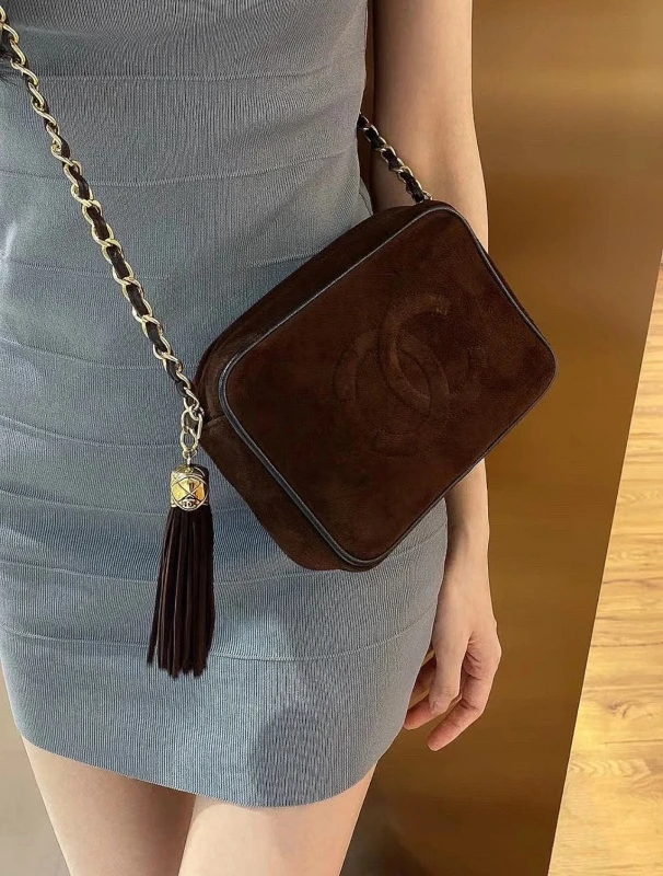 95新 Chanel/香奈儿 中古Vintage棕色麂皮流苏相机包 底长20 1开