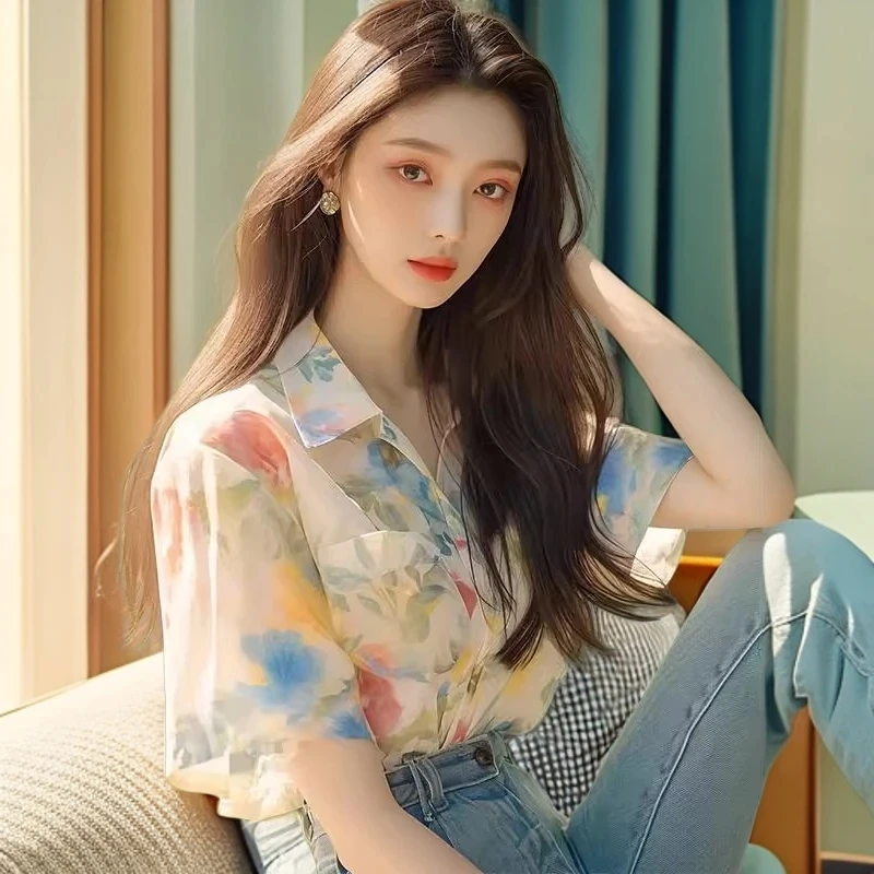 法式小香风气质别致绝美上衣港风chic遮肉显瘦绿色碎花衬衫女夏季