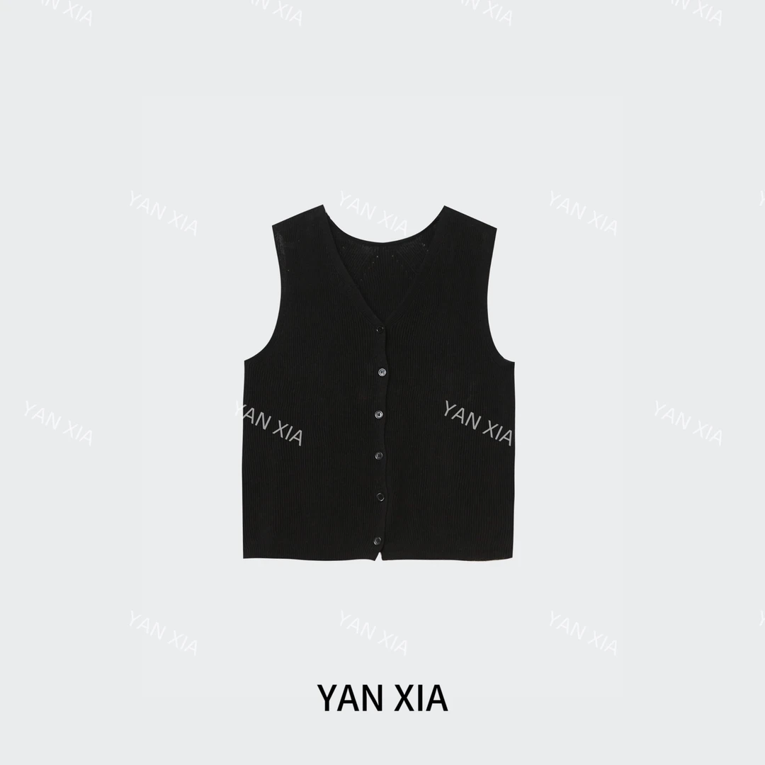 “南洋小主” 亚麻针织后背钩花小心机无袖背心 百搭质感马甲 W-386