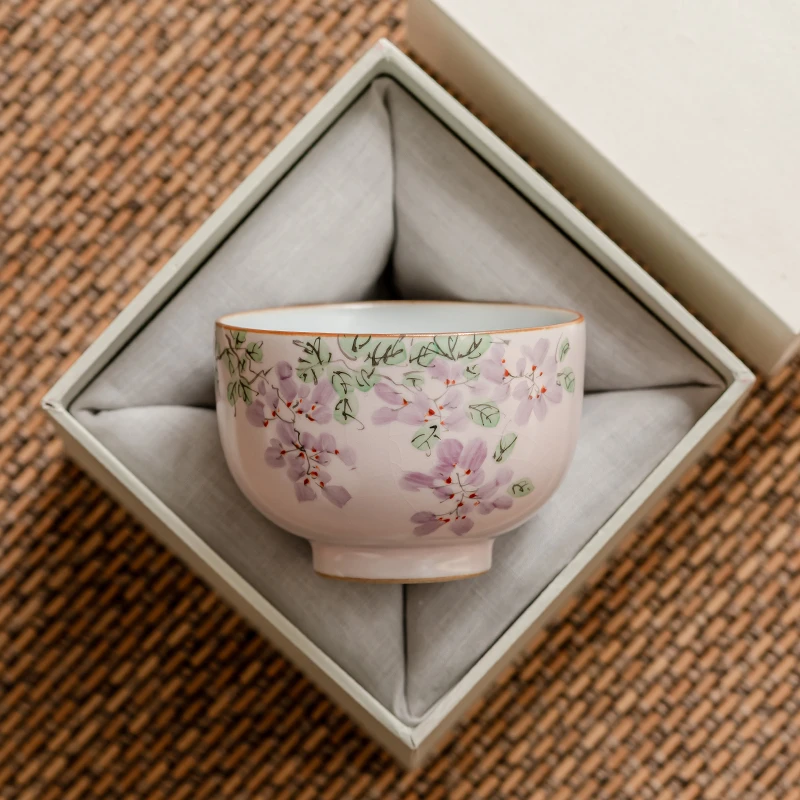 汝窑手绘紫藤花圆融茶杯单杯主人杯手工开片个人品茗杯茶具茶盏