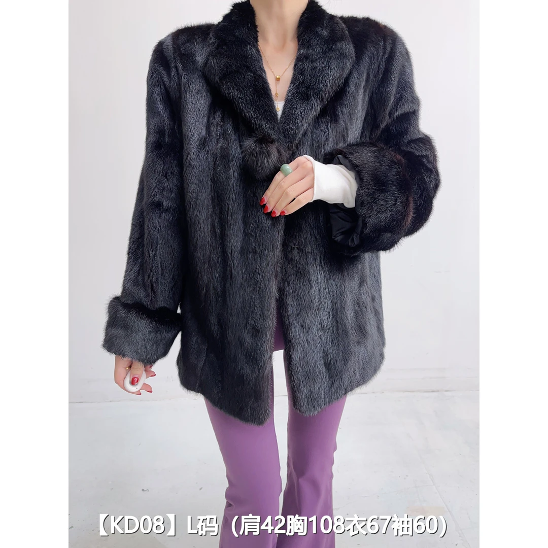 【KD08】L 红黑色短款全抽貂皮水貂外套女 翻领挽袖 28008