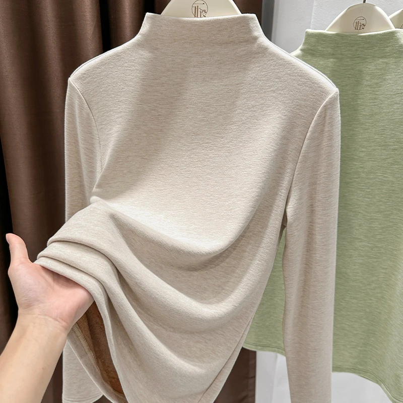 2025秋冬新款白色加绒保暖上衣女半高领套头打底衫设计感长袖小衫