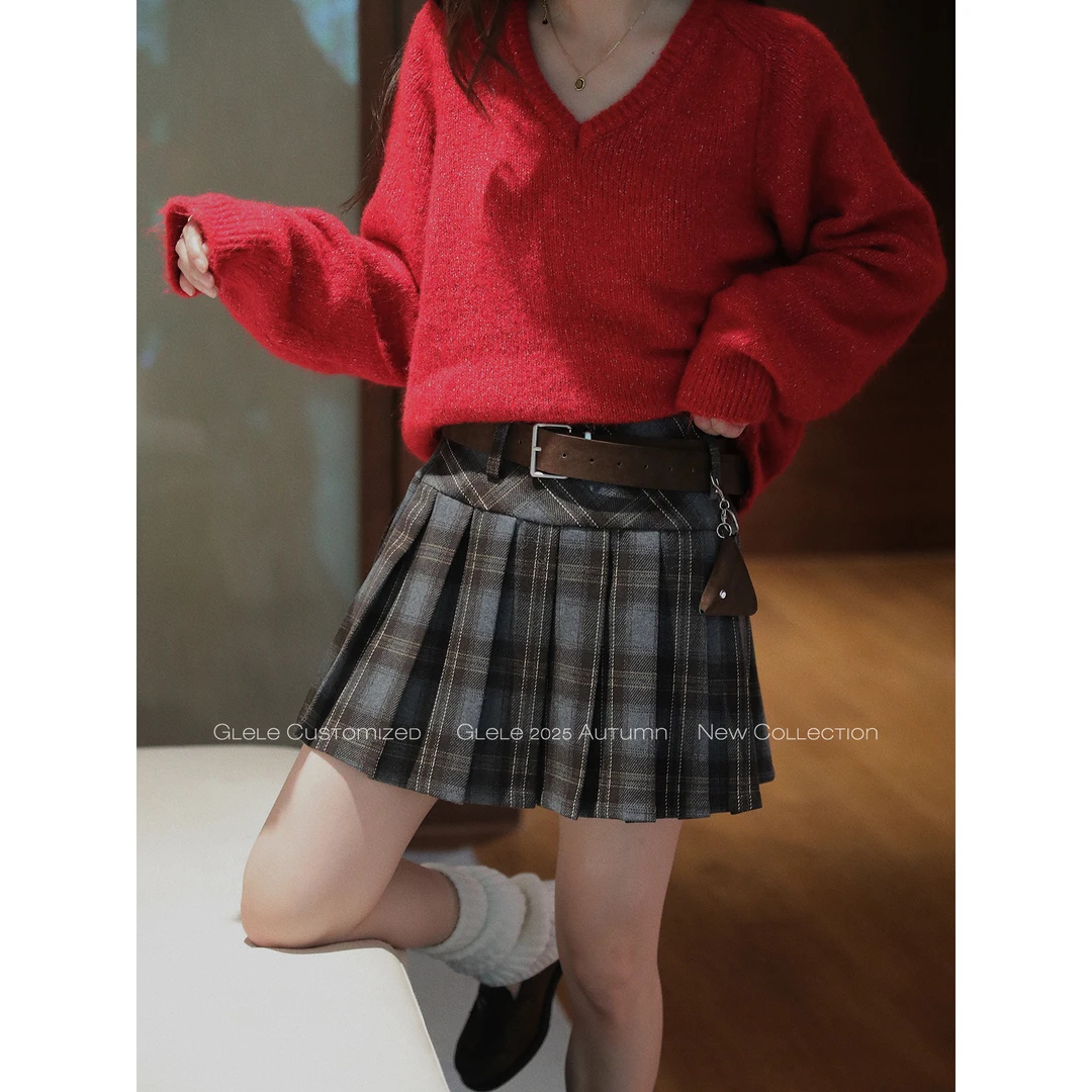 Glele私服「西雅图格子裙」毛呢格纹半身裙高腰a字百褶短裙