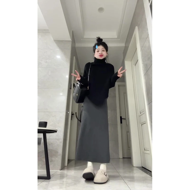 MARIE.COCO黑色高领不规则毛衣女秋季新款高腰显瘦包臀半身裙套装