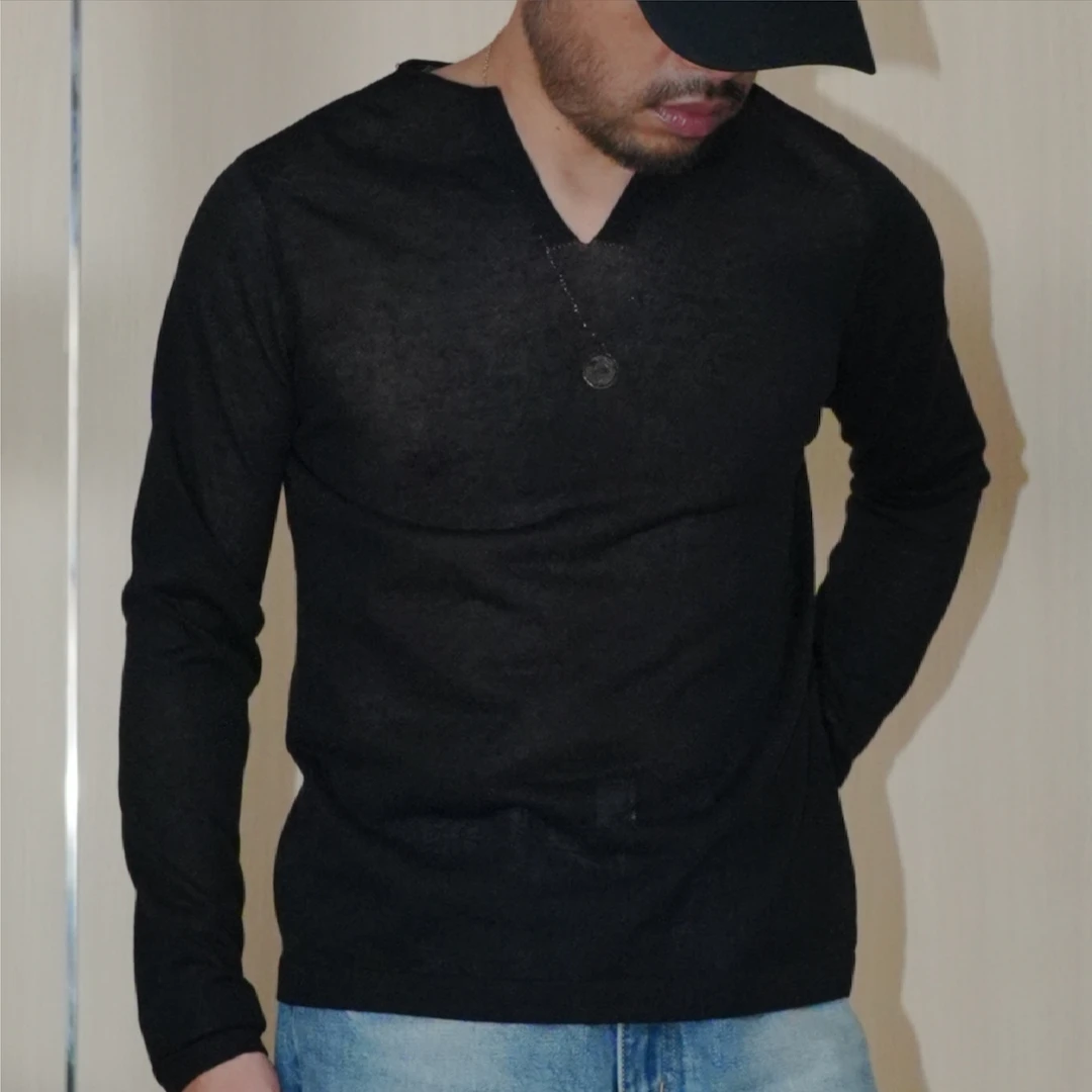 TIAS轻薄V领透气夏款老钱风亚麻莱赛尔混纺针织长袖