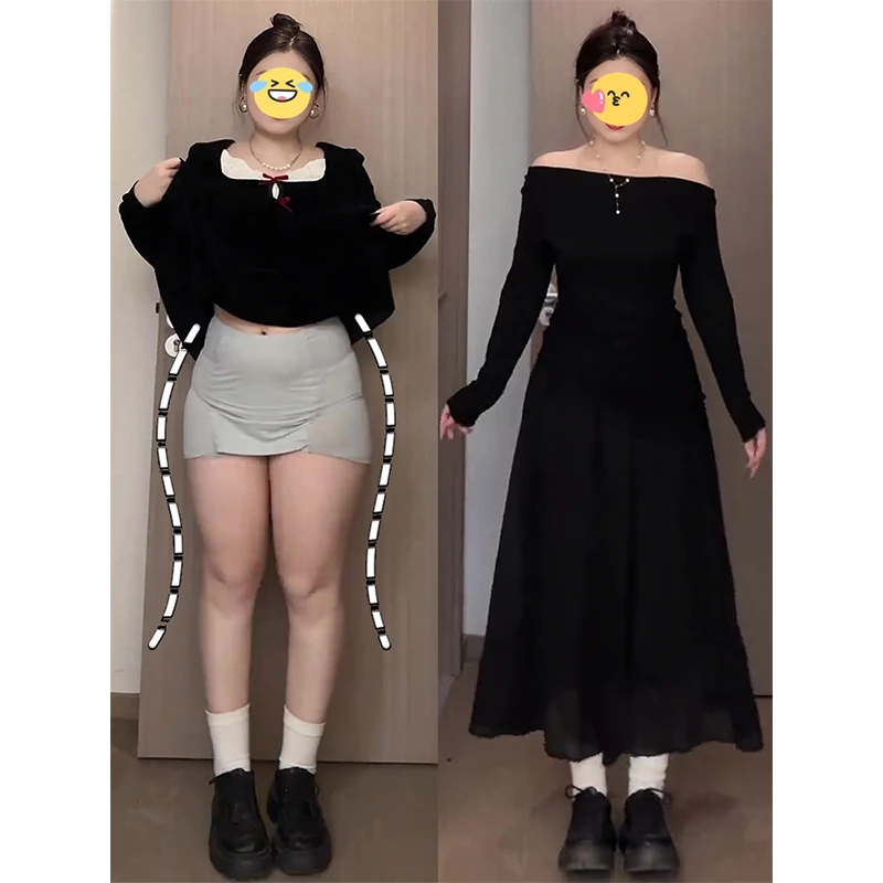 大码网纱拼接荡领长袖连衣裙女秋季微胖收腰显瘦高级感气质长裙子