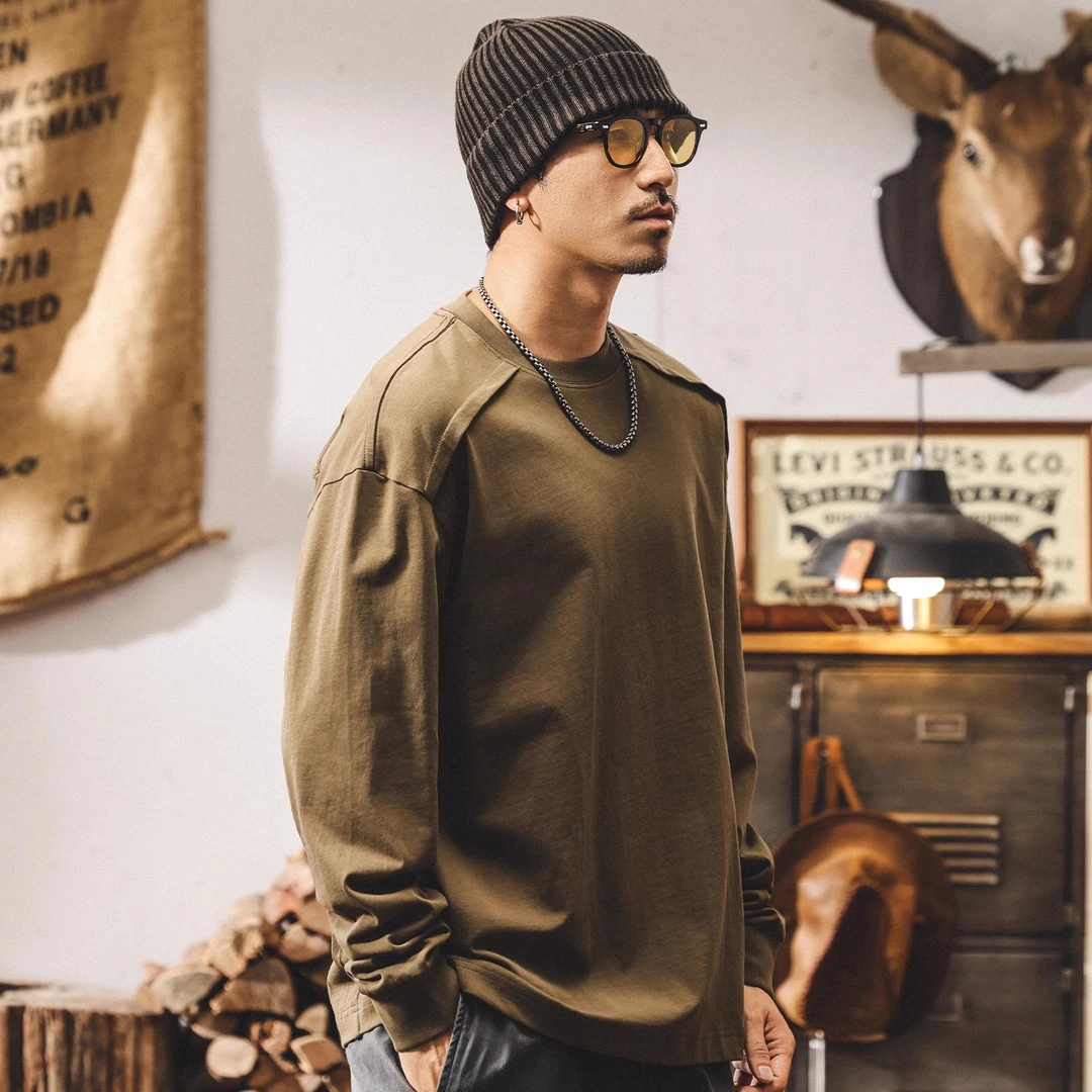 美式复古重磅长袖t恤男秋季新款设计感潮流拼接宽松休闲男士上衣