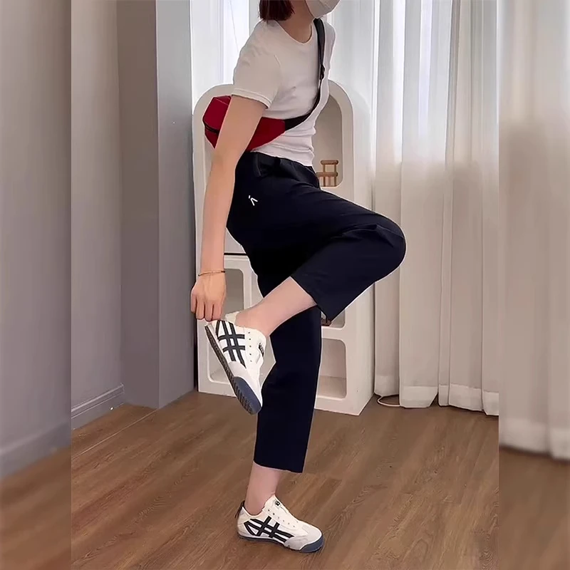 藏青色冰丝休闲运动裤女夏薄款大码显瘦宽松速干九分哈伦萝卜裤子