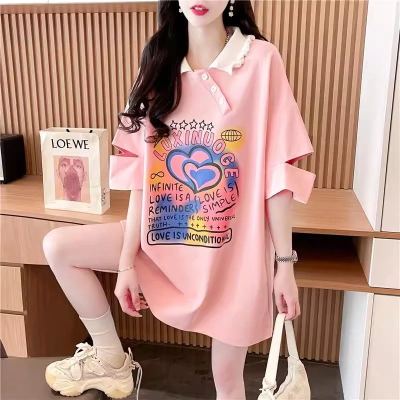 露肩设计感polo领短袖T恤女夏季新款韩版宽松百搭大码中长款上衣