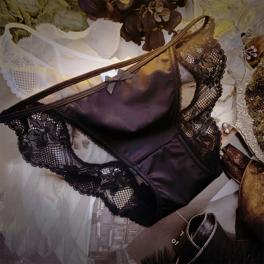 趣安芬法式高级蕾丝缎面内裤女性感透明中低腰网纱纯棉档抗菌短裤