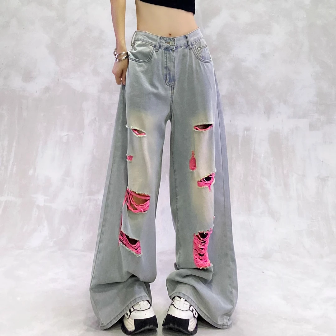 水洗高腰直筒洋气百搭长裤牛仔裤宽松阔腿裤女高街显瘦破洞裤