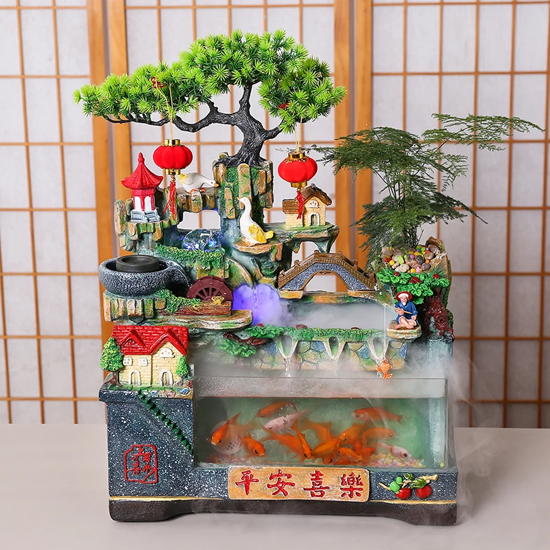平安喜乐摆件鱼缸家用带过滤海绵假山循环流水盆景客厅开业送礼品