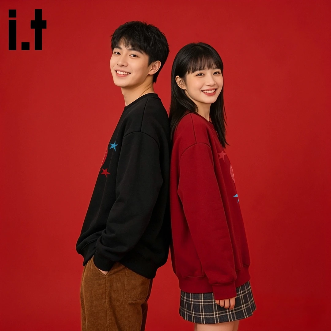 it FINGERCROXX保暖卫衣男女款秋冬季加绒加厚套头衫红色宽松外套