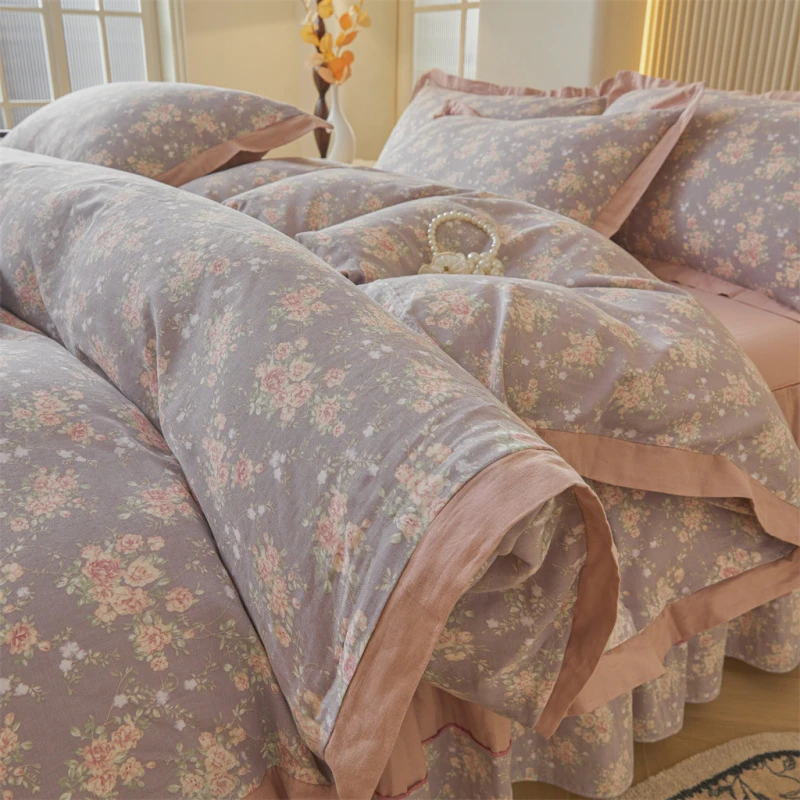 甄选A类母婴级全棉双层纱床裙款四件套小碎花纯棉被套床单三件套