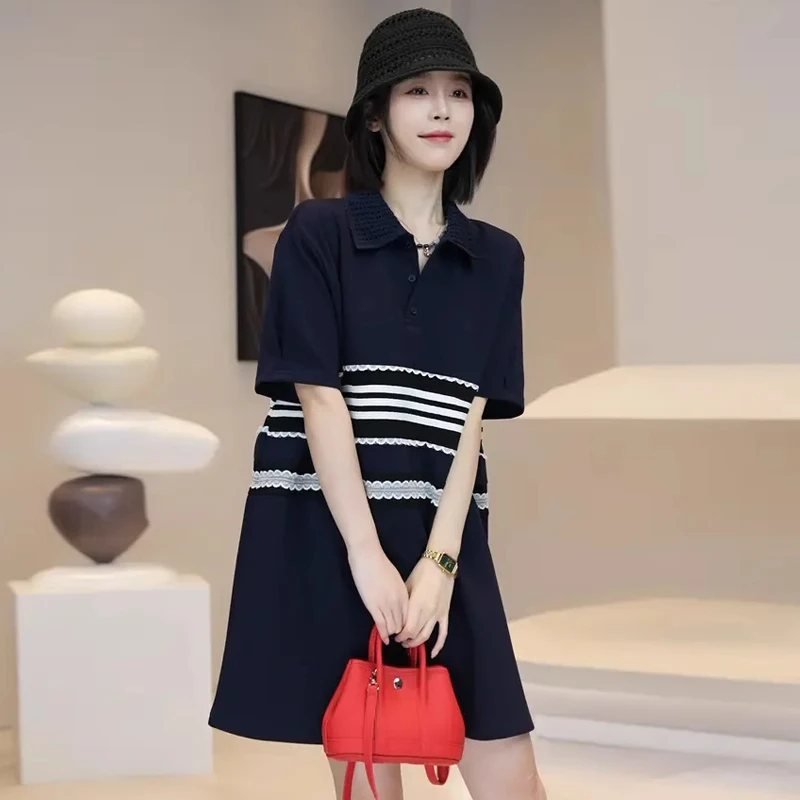 韩版休闲POLO领短袖T恤裙子2025夏季新款女装花边条纹显瘦连衣裙