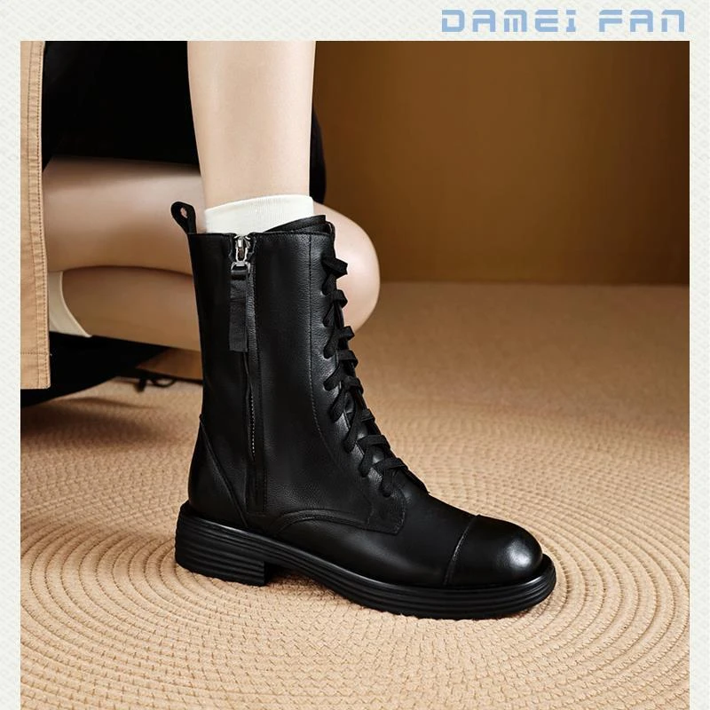 同款百搭鞋子真皮牛皮厚底系带马丁靴女款2025马丁靴女