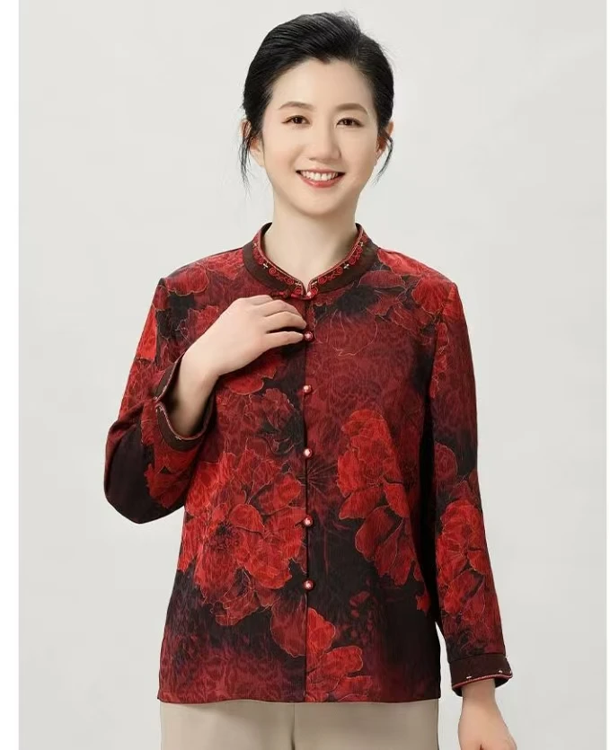 老美华春季女士新中式休闲舒适柔软透气大码小码衬衫431205011/